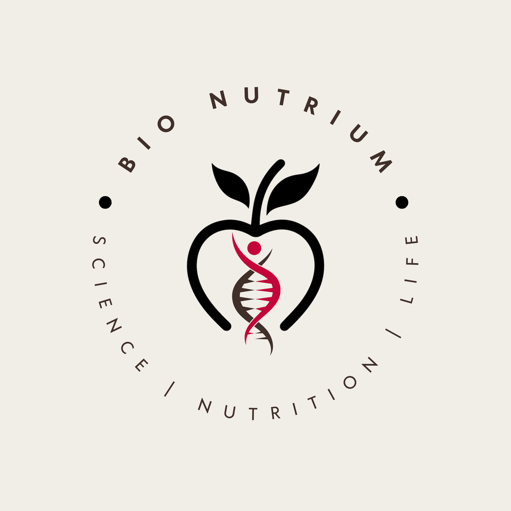 Λογότυπο Bio Nutrium με μήλο και έλικα DNA — Science / Nutrition / Life.